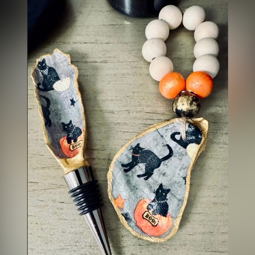 Halloween Cat Wine Stopper and Beaded Wine Charm
